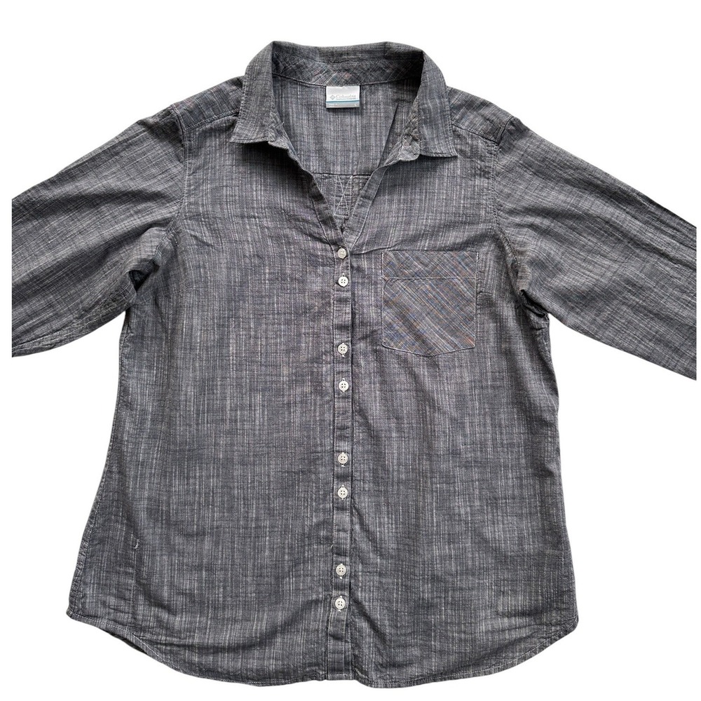Columbia Button Down Shirt Womens Large Gray Roll Tab Sleeve Cotton‎ Excellent